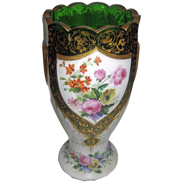 Savannah Galleries 19th century Moser Green Bohemian Art Glass Overlay Vase with Roses