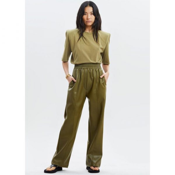 The Frankie Shop Faux Leather Casual Trousers In Bright Olive