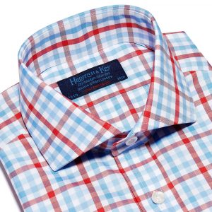 Hilditch and Key Red, Blue & White Large Check Twill Cotton Contemporary Fit, Cut-away Collar, 2 Button Cuff Shirt