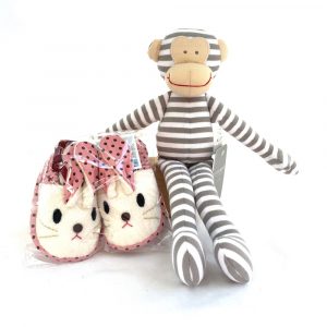Teisch Toys and Books Baby Bunny Slippers + Monkey Rattle (Pink)